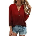 thumbnail image 2 of Quinlirra Shirts For Women 3/4 Sleeves Women's Tops Fashion Solid Button Shirt Female V-Neck Loose T-shirt Blouse, 2 of 5