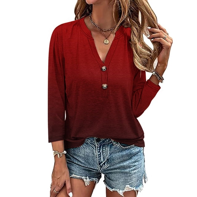 AOOCHASLIY Ladies' Clothes Clearances Womens 3/4 Sleeve V Neck Buttons Tee Gradient Color Blouse Loose Fit Tshirts Fall Tunic