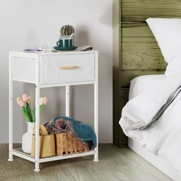Set of 2 White Nightstands with Charging Station, Bedside Tables with Fabric Drawer & USB Ports for Bedroom, Living Room