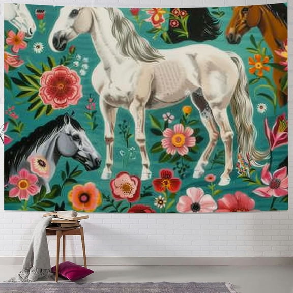 Orinice Horses Flowers White Horse Tapestry Wall Hanging Unique Style Graphic Tapestries Home Wall Decor Art for Living Room Bedroom Apartment Farmhouse Dorm 40x30inch