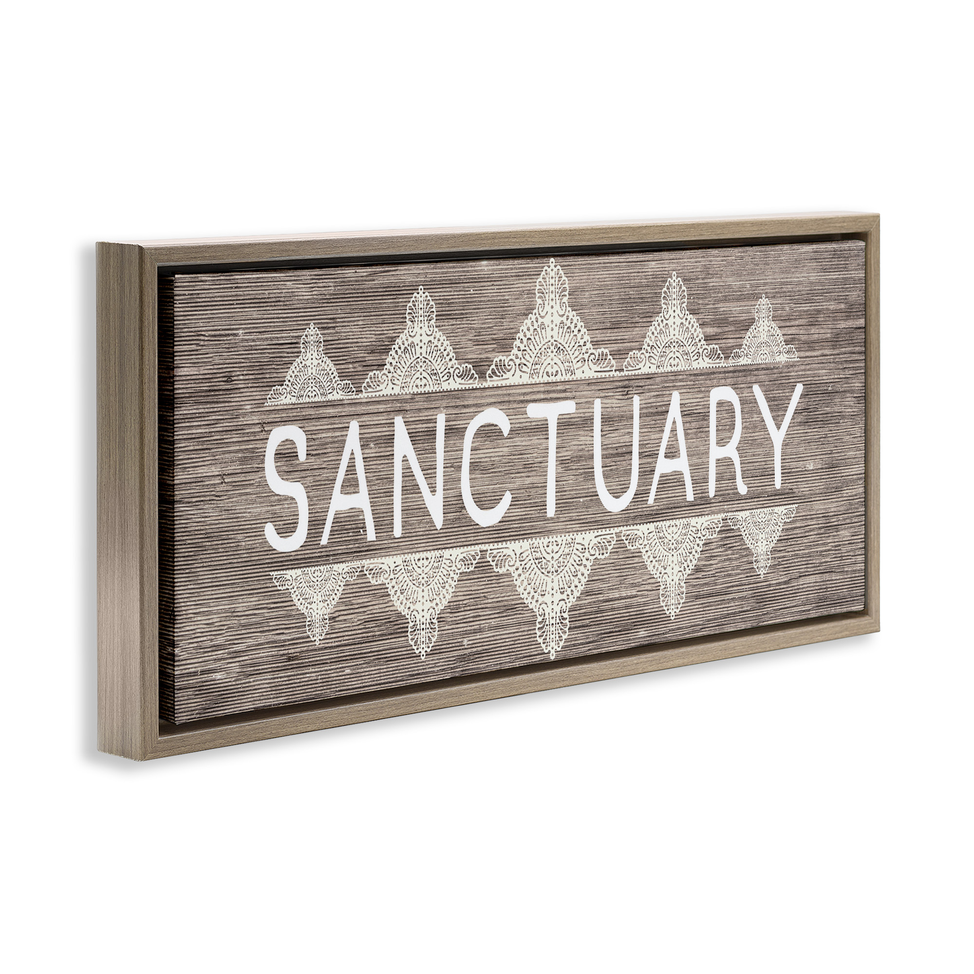 Stupell Industries Sanctuary with Paisley Pattern Typography Painting Brown Floater Framed Canvas Art Print Wall Art, 31 x 14