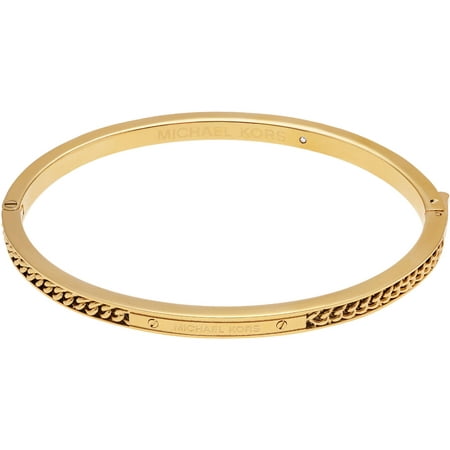 Michael Kors Women's Gold-Tone Stainless Steel Logo Plaque Hinged Bangle Fashion Bracelet, 4.8