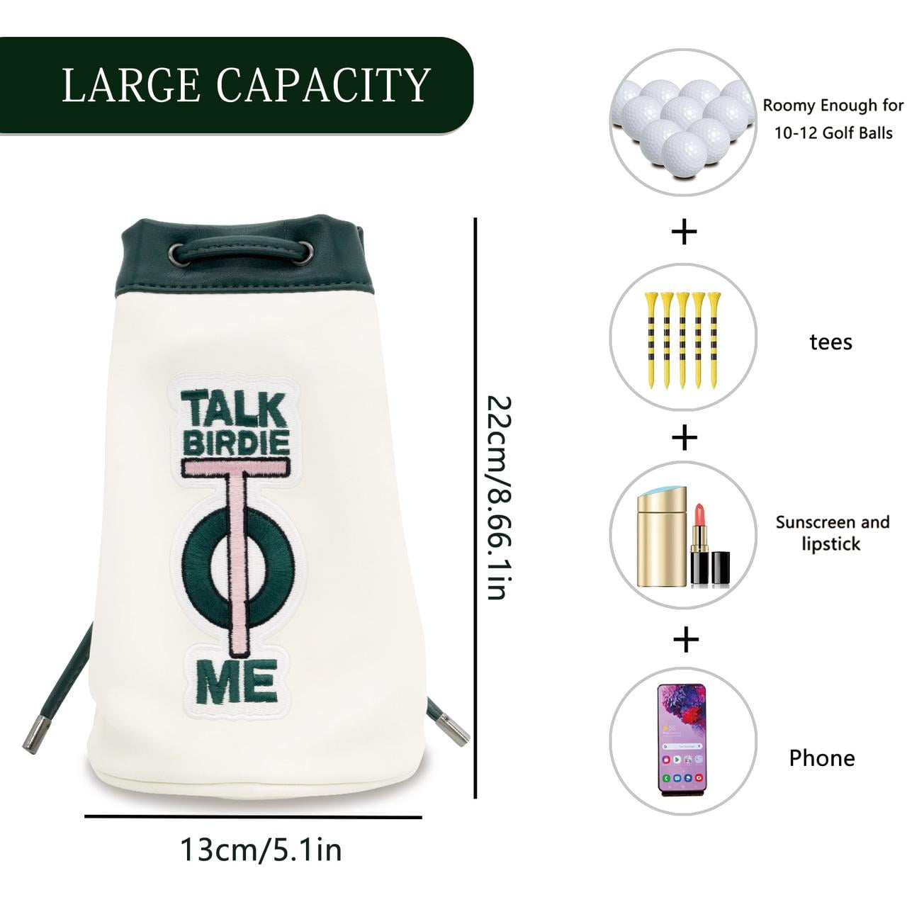 PINKTEE Golf Valuables Pouch Ball Sack with Drawstrings Leather Bucket Waist Design Golf Tee Pouch Golf Bag (TALK BIRDIE TO ME)