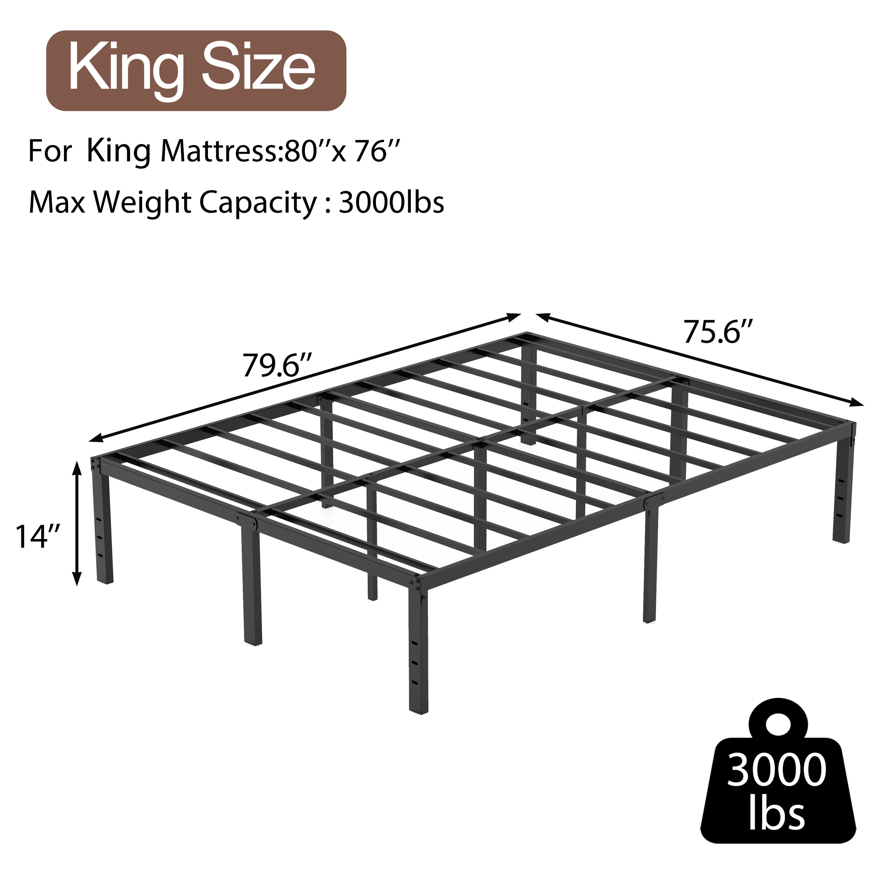 King Size Bed Frame,14 Inch Metal Bed Frames,Strong Structure,Stable Mattress Foundations,No Box Spring Needed,Noise-Free,Easy Assembly