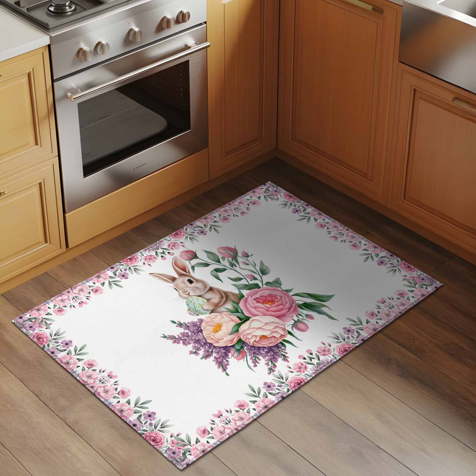 Easter Bunny Roses Entryway Rug 2'x3'&nbsp; Non Slip Front Door Mats, Pink Floral Spring Botanical Entrance Rugs Indoor Outdoor Carpet, Washable Floor Mats Small Area Rug for Bedroom Kitchen