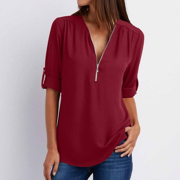HOMBOM Short Sleeve Ladies Summer Tops Wine Casual V-Neck Solid Half Zip Tunic Blouse XL