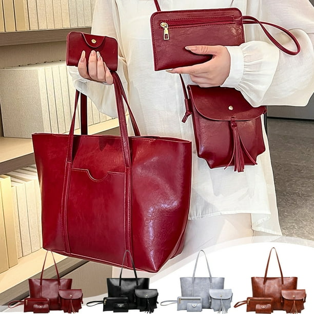 Conjunto de bolsos de mujer | Bolso de estilo retro bandolera bandolera con billetera | Poliuretano de gran capacidad | Juego de 4 piezas | Regalo duradero de moda | 16.9x10.2x5.1in Negro Gris Rojo