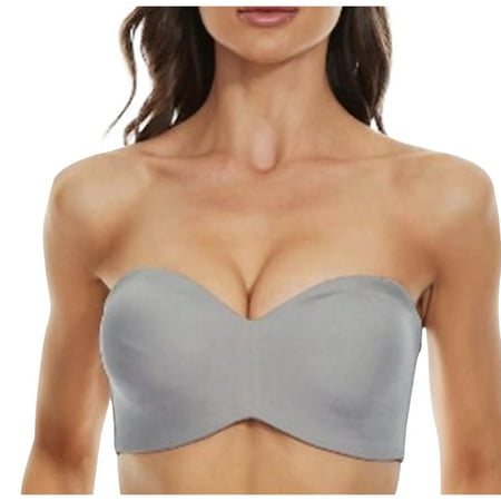 WNYEIME Womens Bandeau Bras Sexy Push Up Detachable Spaghetti Straps Bra Strapless Underwire High Support Bra Full Coverage Seamless Bra Gray 36/80E