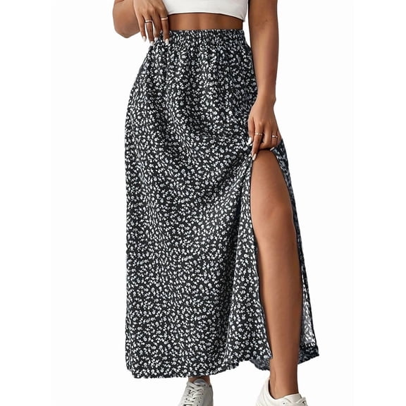 Women'S Floral Print Wrap Skirt, Casual Side Slit Midi Skirt for Vacation & Resort Wear Black XXL