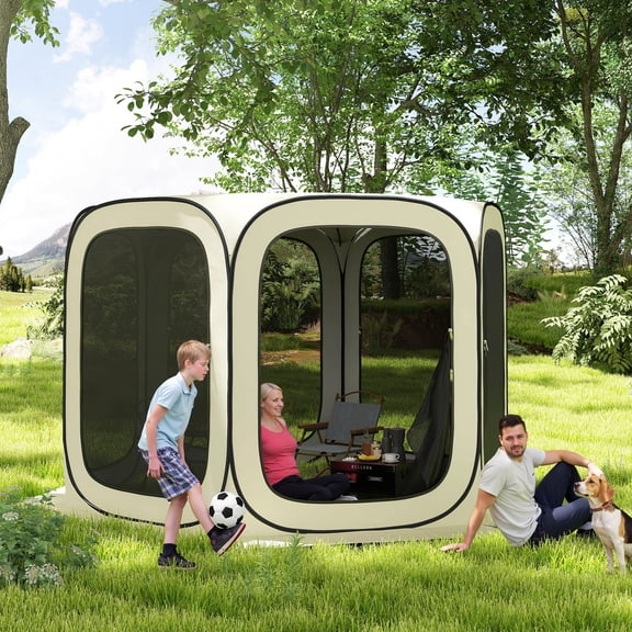 Outsunny 11 x 11ft Pop Up Screen Tent, UPF50 Camping Gazebo with Carry Bag for Outdoor Activities, Beige