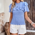 thumbnail image 5 of YYDGH Women's Mock Neck Ruffle Short Sleeve Shirred tops Summer Solid Smocked Peplum Hem Slim Fit T-Shirts Blue S, 5 of 8