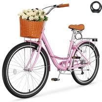 Lilypelle 24/26inch City Cruiser Bicycle for Women, 7 Speed Step Through Adult Commute Bike with Basket & Rack，Pink