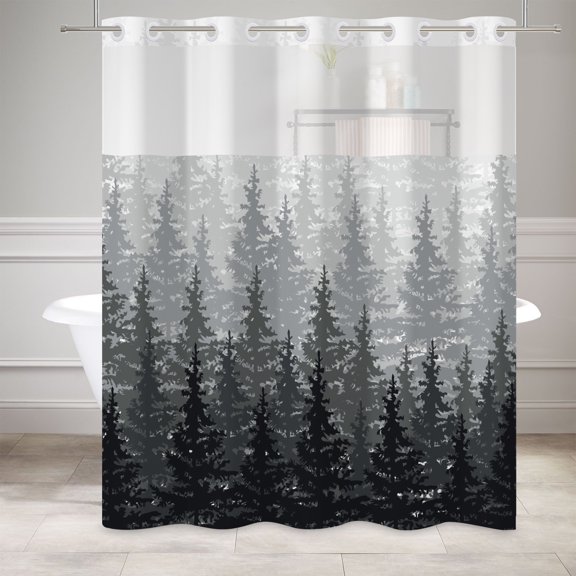 MIZHONA Gray Shower Curtain with Snap in Liner,Nature Black Trees No Hook Fabric Bathroom Curtain,71"× 74"