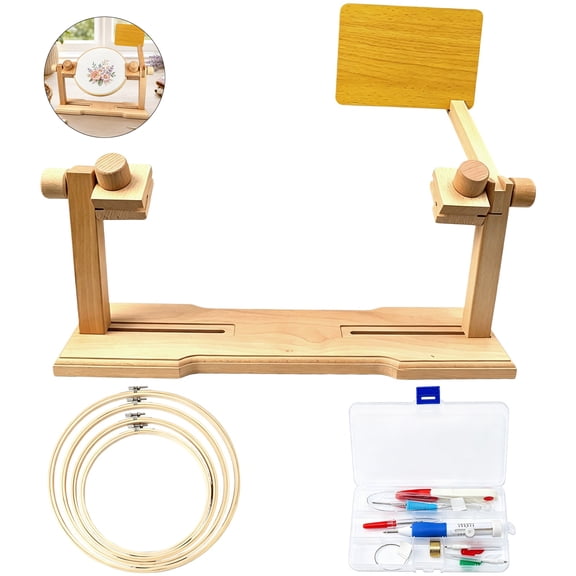 Embroidery Hoop Stand, Adjustable Wooden Cross Stitch Stand with 4 Pcs Different Size Hoops, Complete Embroidery Kit for Sewing Needlework DIY Craft Art, Beginners and Enthusiasts Gifts
