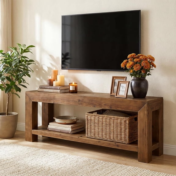 Finmind 63" Solid Wood TV Stand for TVs up to 75", 2-Tier Media Console with Open Shelves, Rustic Brown
