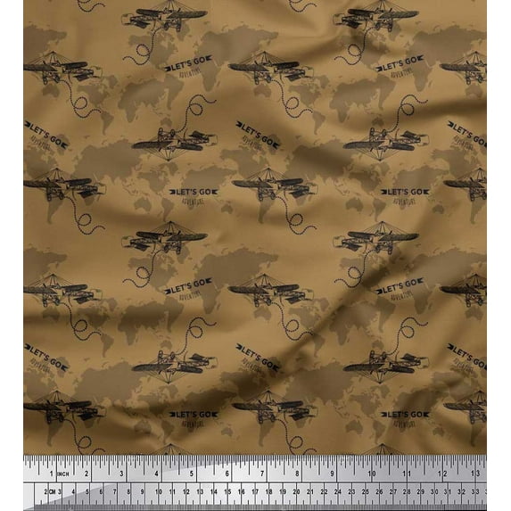 Soimoi Crepe Silk Fabric Text,Airplane & Map Print Fabric by Yard 42 Inch Wide