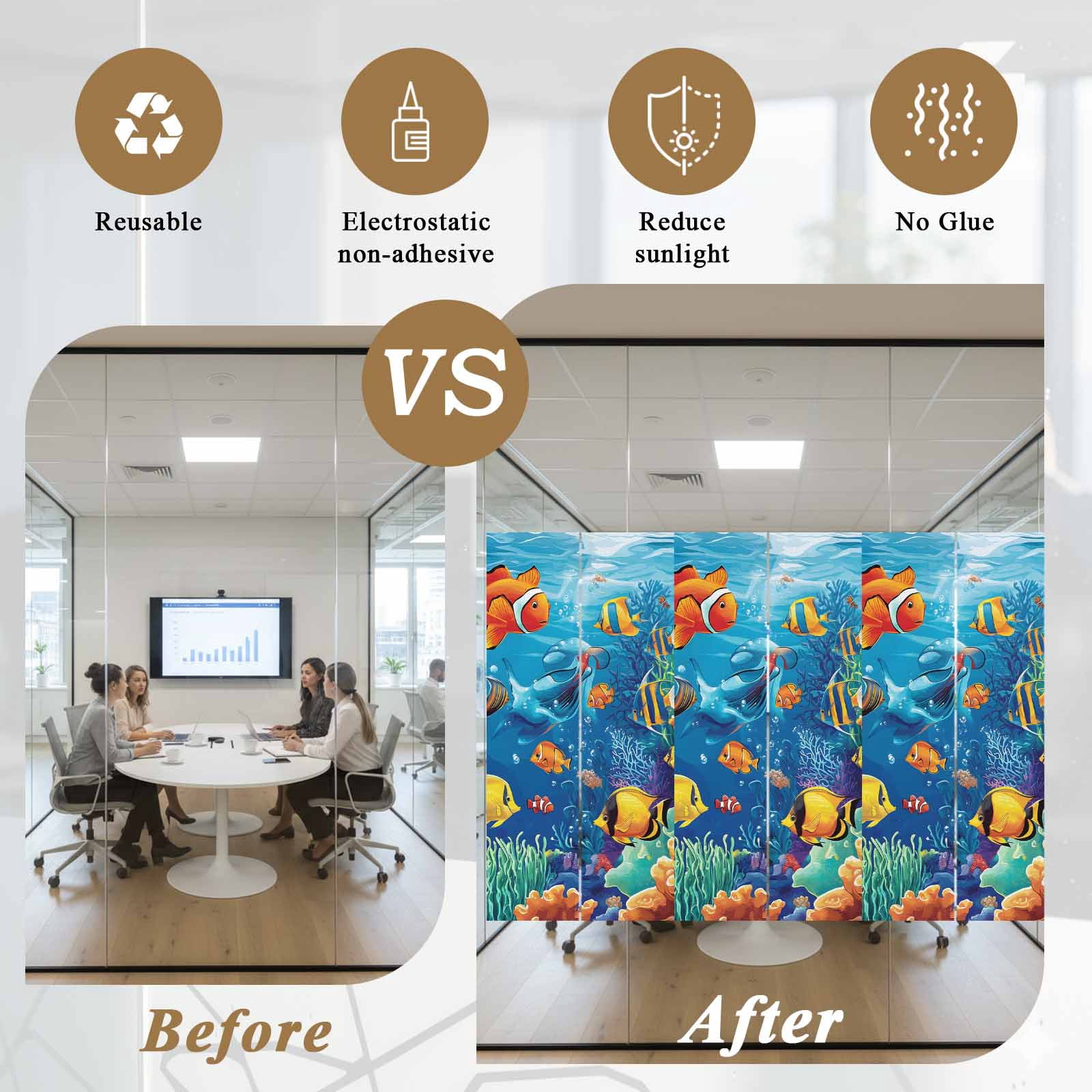 Ocean Marine Window Privacy Film Life Fish Coral Seagrass Underwater Coastal Decorative Glass Window Film UV Blocking Static Cling Non-Adhesive Sticker Covering for Home Door 35.4x78.7 inches