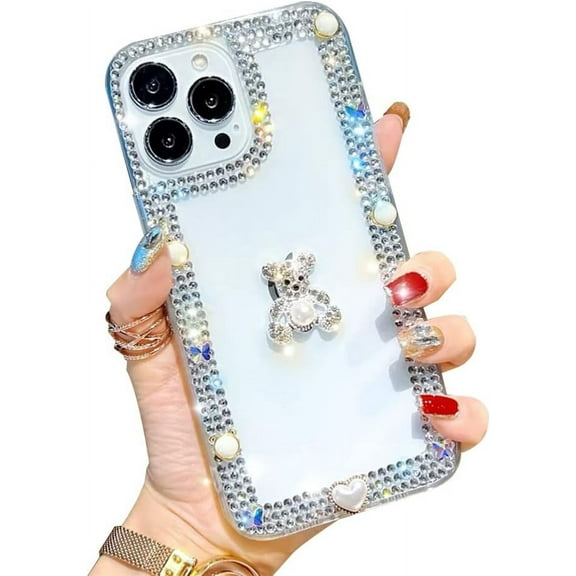 Compatible with iPhone 14 Pro Max for Women Girls with Bear 3D Glitter Sparkle Bling Case Luxury Shiny Cute Crystal Charms Rhinestone Diamond Bumper Clear Protective Cover