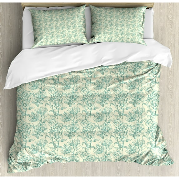 Green Duvet Cover Set King Size, Botanical Flower Bouquet Arrangement with Vintage Look Soulful Spring Season, Decorative 3 Piece Bedding Set with 2 Pillow Shams, Cream Pale Blue, by Ambesonne