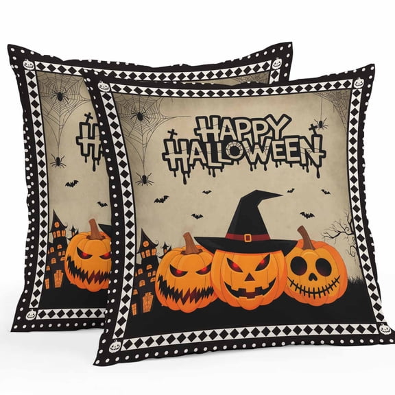 Outdoor Waterproof Pillow Covers Happy Halloween Words on Linen Decorative Throw Pillow Protectors,Pumpkins Bat Pillowcase Cushion Cases for Patio Sofa Garden Couch,16x16in,Pack of 2