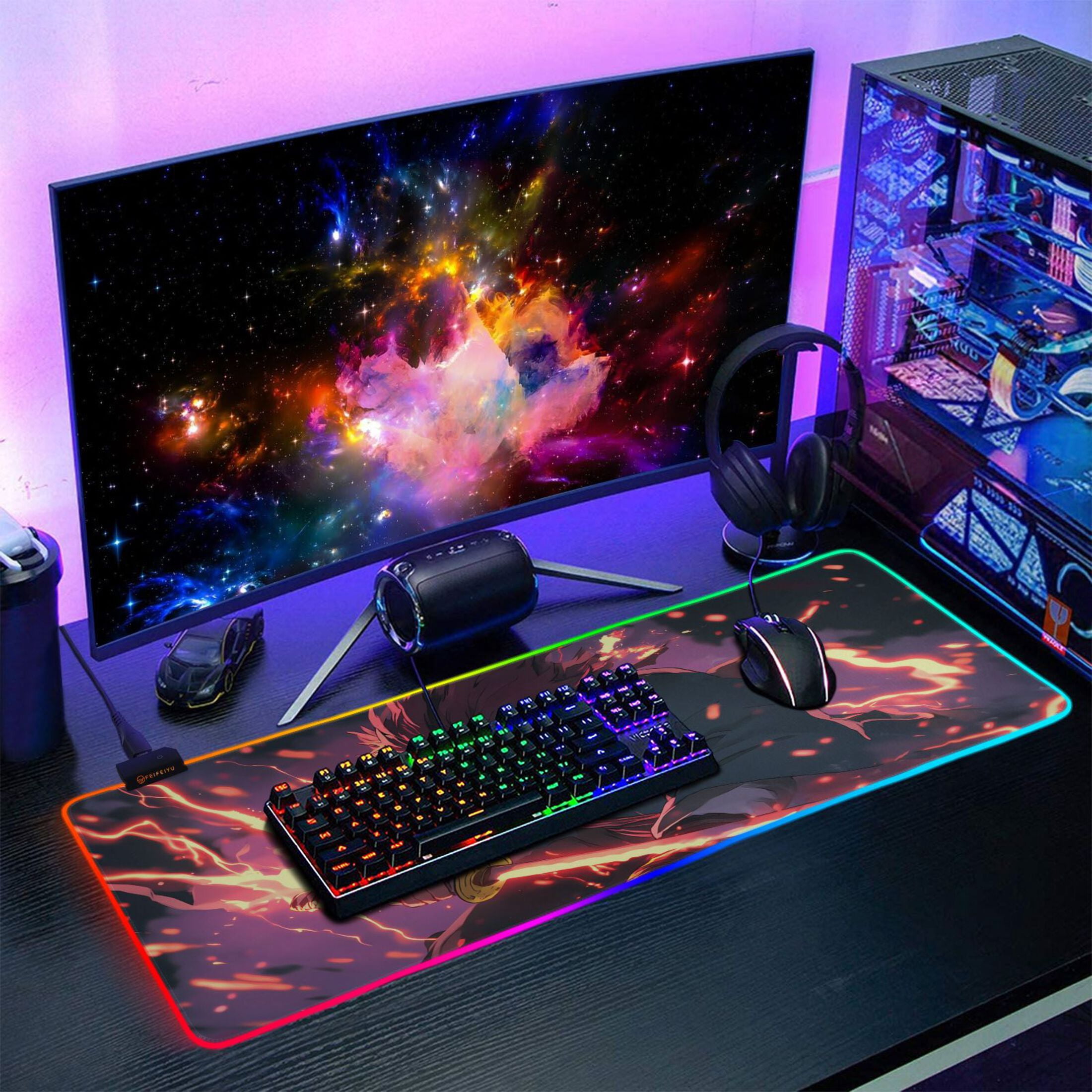 Large RGB Gaming Mouse Pad Led Glowing Mousepad Non-Slip Rubber Base 13 Light Modes 35.4x15.7 Kamado Tanjirou Waving Sword