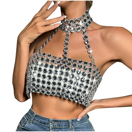 Silver Backless Halter Tops for Women Summer Fall Cold Shoulder Baby Tees Corset Bustier Disco Club Sequin Bling Sexy Dance Costumes Cosplay Top T Shirt Blouse Women One Size