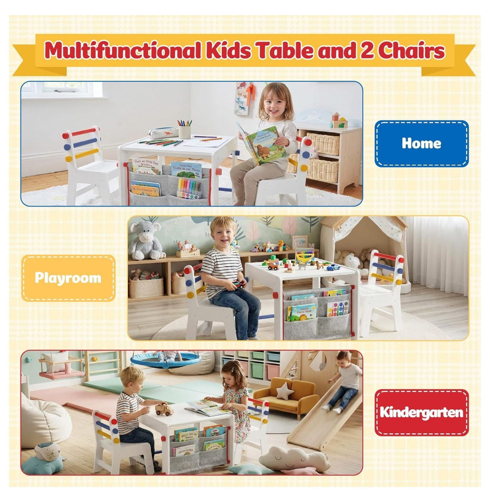 Kids Table and Chair Set 4-in-1 with Storage, Wooden Activity Table for , Arts, Drawing, Reading, Toddler Furniture for Playroom, , Gift for Boys & Girls (Age 3+)