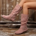 thumbnail image 5 of Women Ruched Knee High Boots, Double Metal Buckle Strap Side Zip Faux Suede Tall Boots, Low Flat Heel Slouch Long Boots Red 9.5(43), 5 of 9