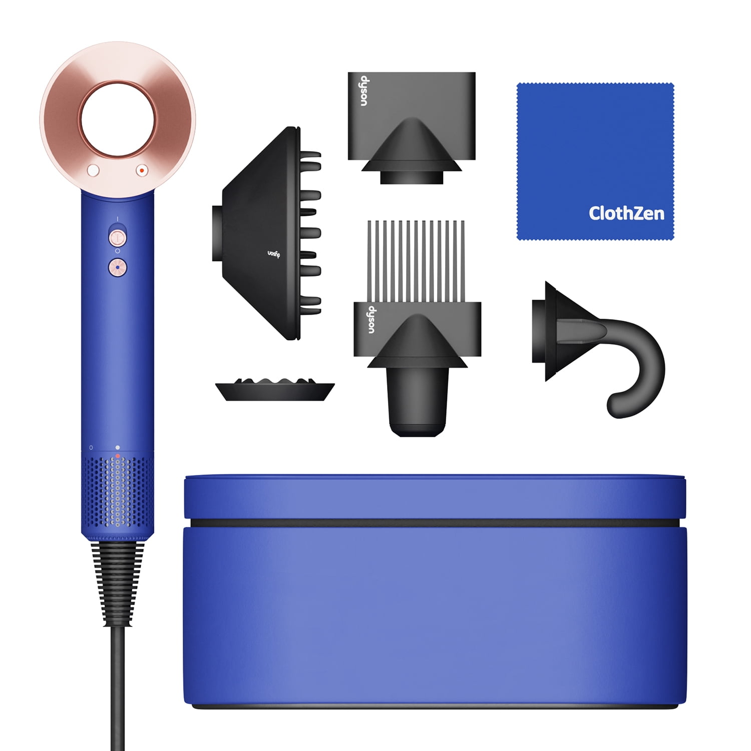 Limited Edition Dyson Supersonic Hair Dryer with ClothZen Cleaning Cloth  Includes Flyaway Attachment, Styling Concentrator, Diffuser, Gentle Air  Attachment & Wide-Tooth Comb Vinca Blue/Rose 