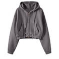 thumbnail image 4 of SNKSDGM Women Solid Cropped Full Zip Up Hoodie Jacket, Oversized Long Sleeve Drawstring Sweatshirt With Patch Pockets Casual Street Outer Tops Dark Gray XL, 4 of 5