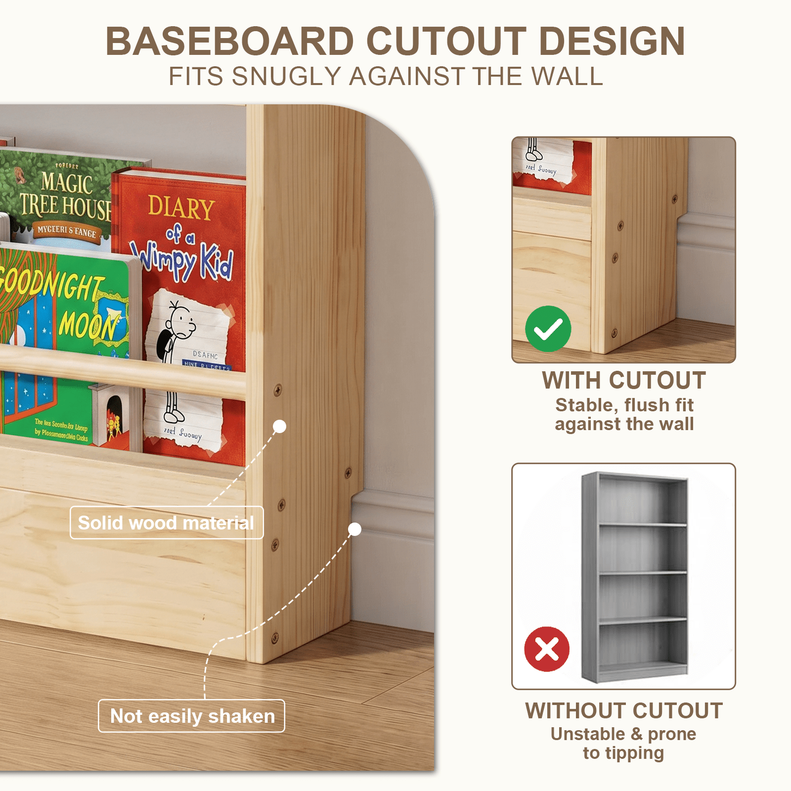 6 Tier Behind The Door Bookshelf, Wooden Kids Bookshelf with Open Storage, Wall Mount Shelve & Space-Saving, Solid Wood Bookshelf for Bedroom, Living Room, Playroom (Natural Wood)