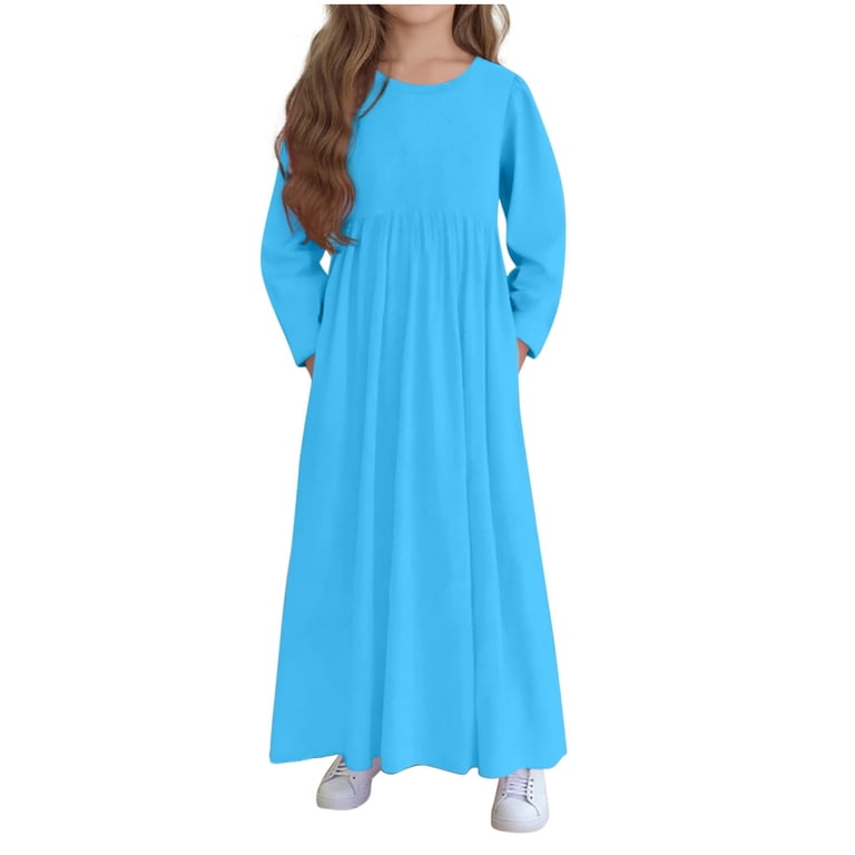 fnnxnal Big Girls' Blue Long Sleeve Maxi Dress with Pockets - Soft Stretch  Fabric, Size 13-14T, Fit for Daily/School/Church Occasions