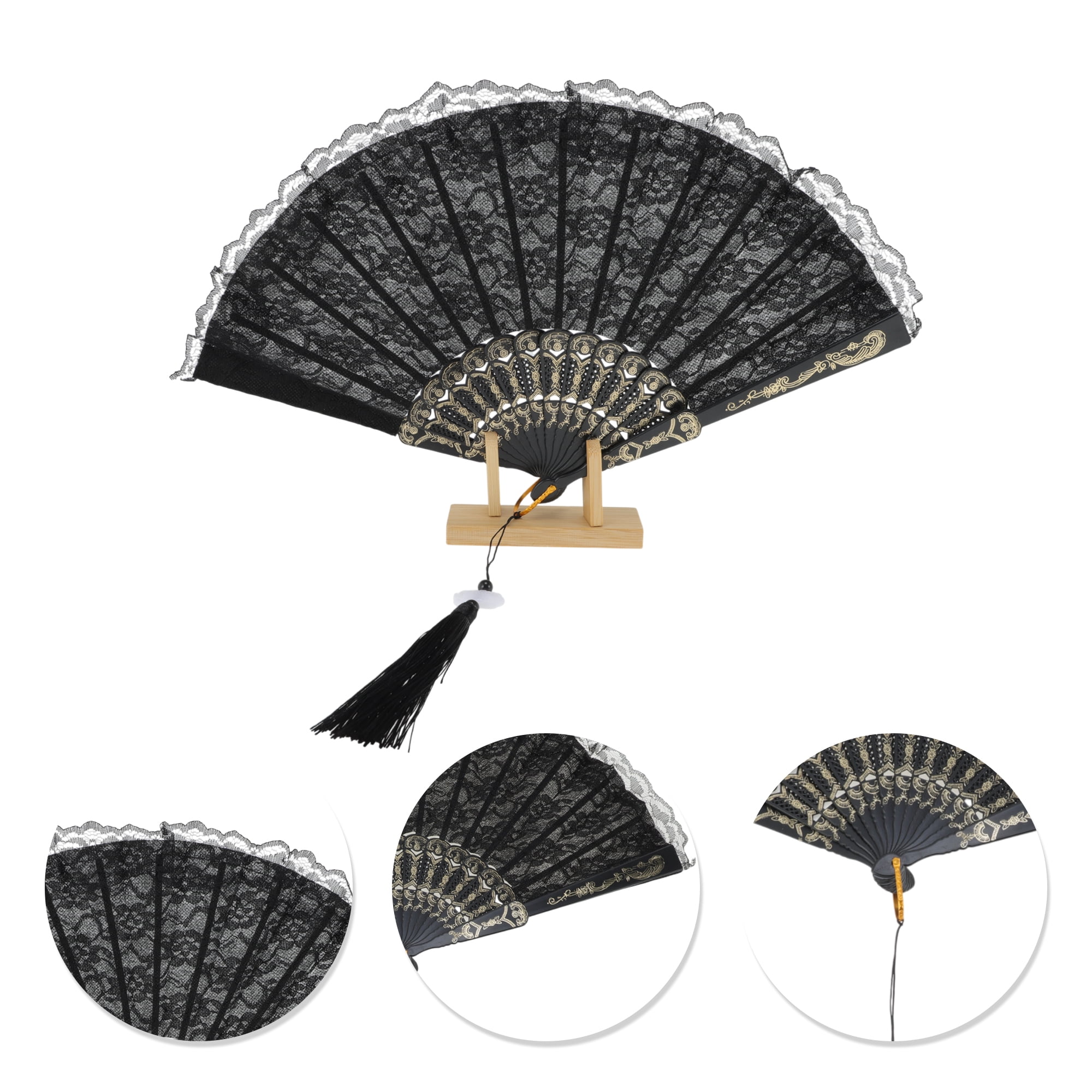 Unique Bargains Lace Trim Orchid with Tassel Folding Fan 1 Pc Black