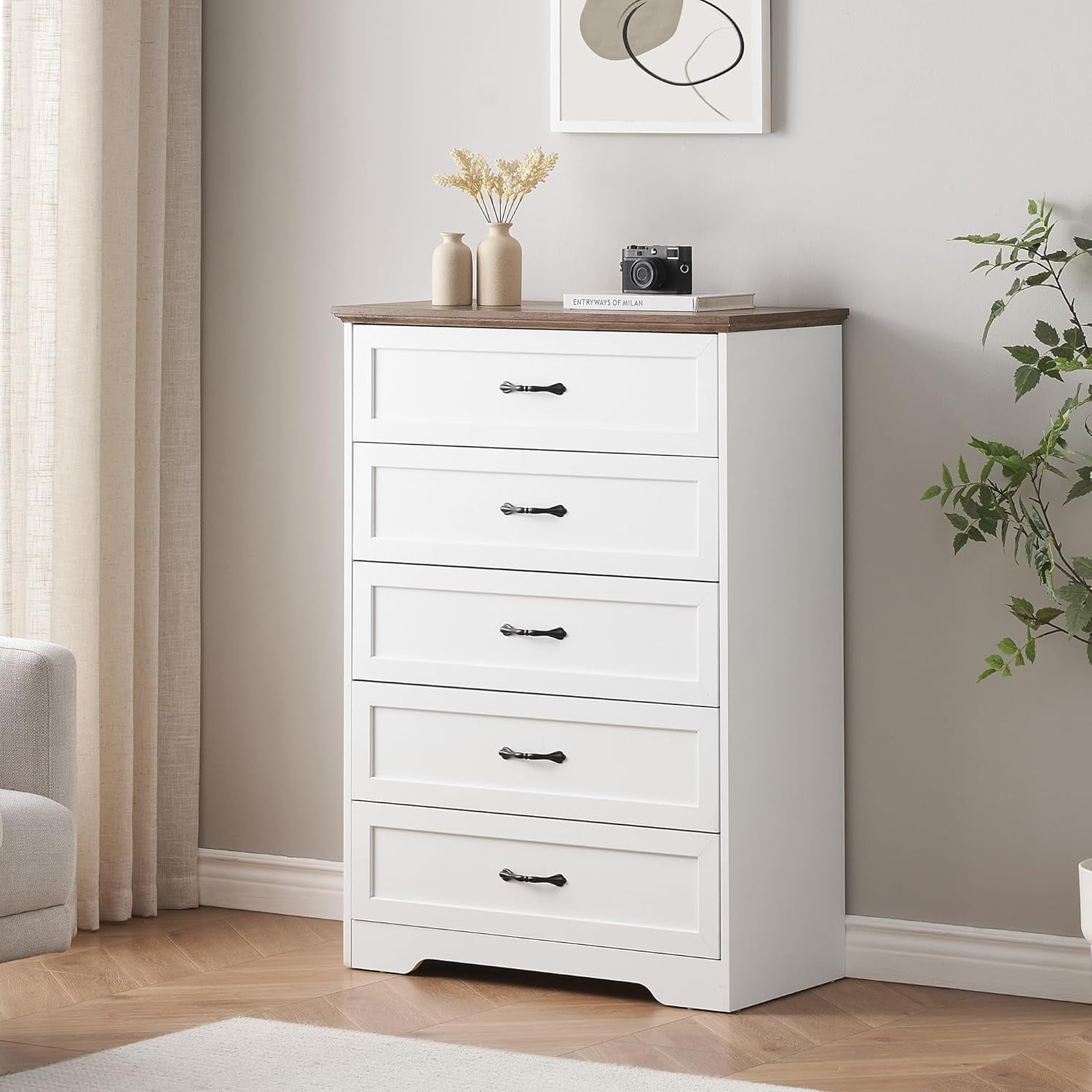 Modern 5 Drawers Dresser, Chest of Drawers Closet Organizers and Storage Clothes, Modern Dressers for Closet Living Room, Kids Bedroom (5 Drawers Dresser, Brown&White)