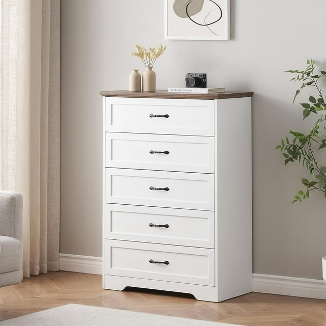 Commode Moderne à 5 Tiroirs, Organisateur de Garde-Robe à Tiroirs et Rangement pour Vêtements, Commodes Modernes pour Garde-Robe Salon, Chambre d'Enfant (Commode à 5 Tiroirs, Brun&Blanc)