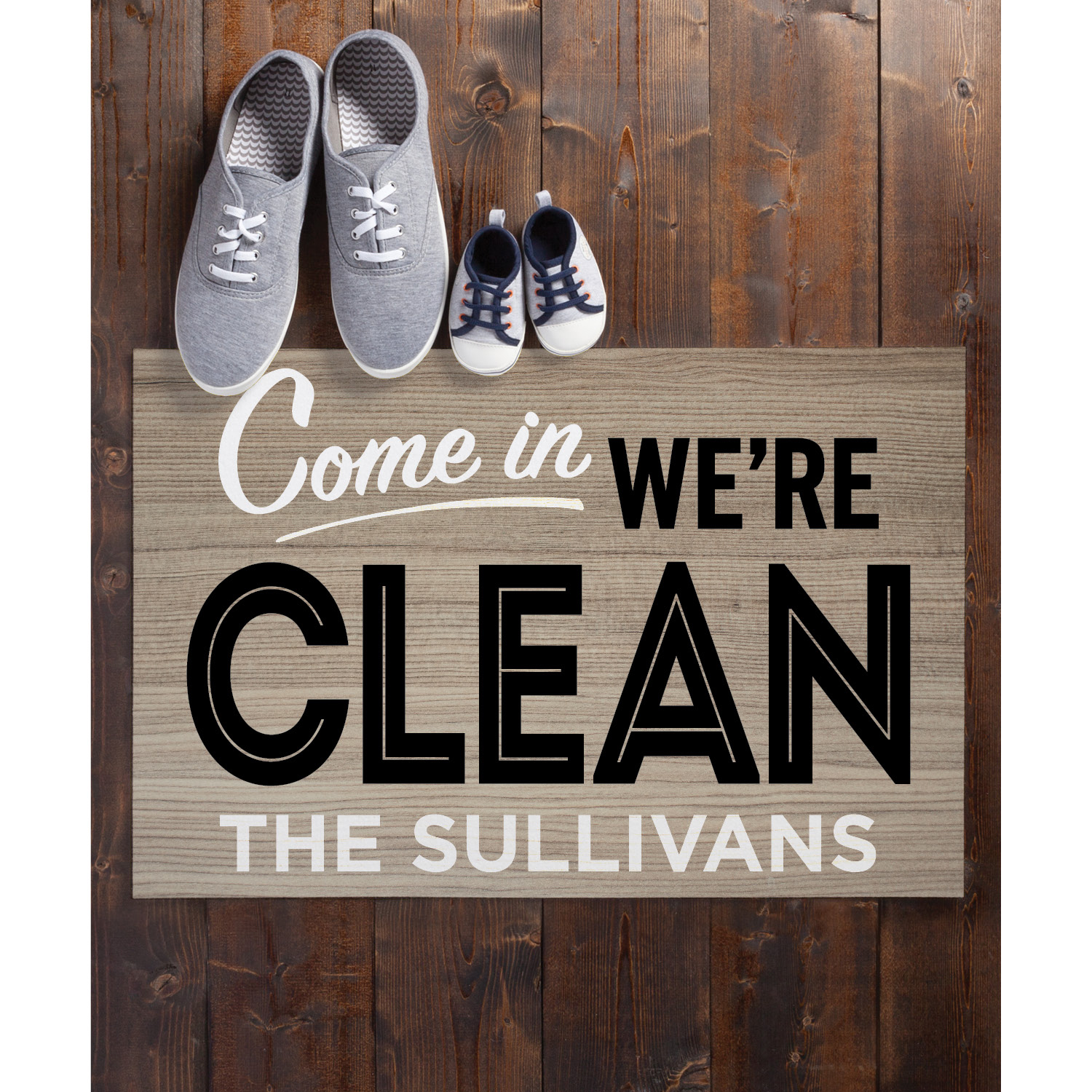Personalized Planet 27x18 Come In We're Clean COVID Humor Doormat with Custom Family Name Printed on Taupe Rectangular 1/8” Thick Non Slip Mat for Kitchen Hallway Deck or Porch