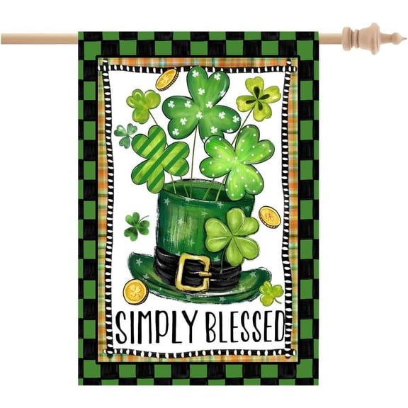 St Patricks Day Simply Blessed House Flag 28x40 Inch Double Sided Large Burlap Holiday Green Clovers Hat Flag for Outside Yard CF1294-40