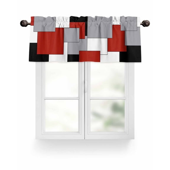 Red Grey Color Block Kitchen Valances for Windows Abstract Modern Geometric Valance Curtains  for Kitchen /Living Room/Bedroom/ Bathroom Decor, 54"x18 " ,Rod Pocket 1 Panel, Black White
