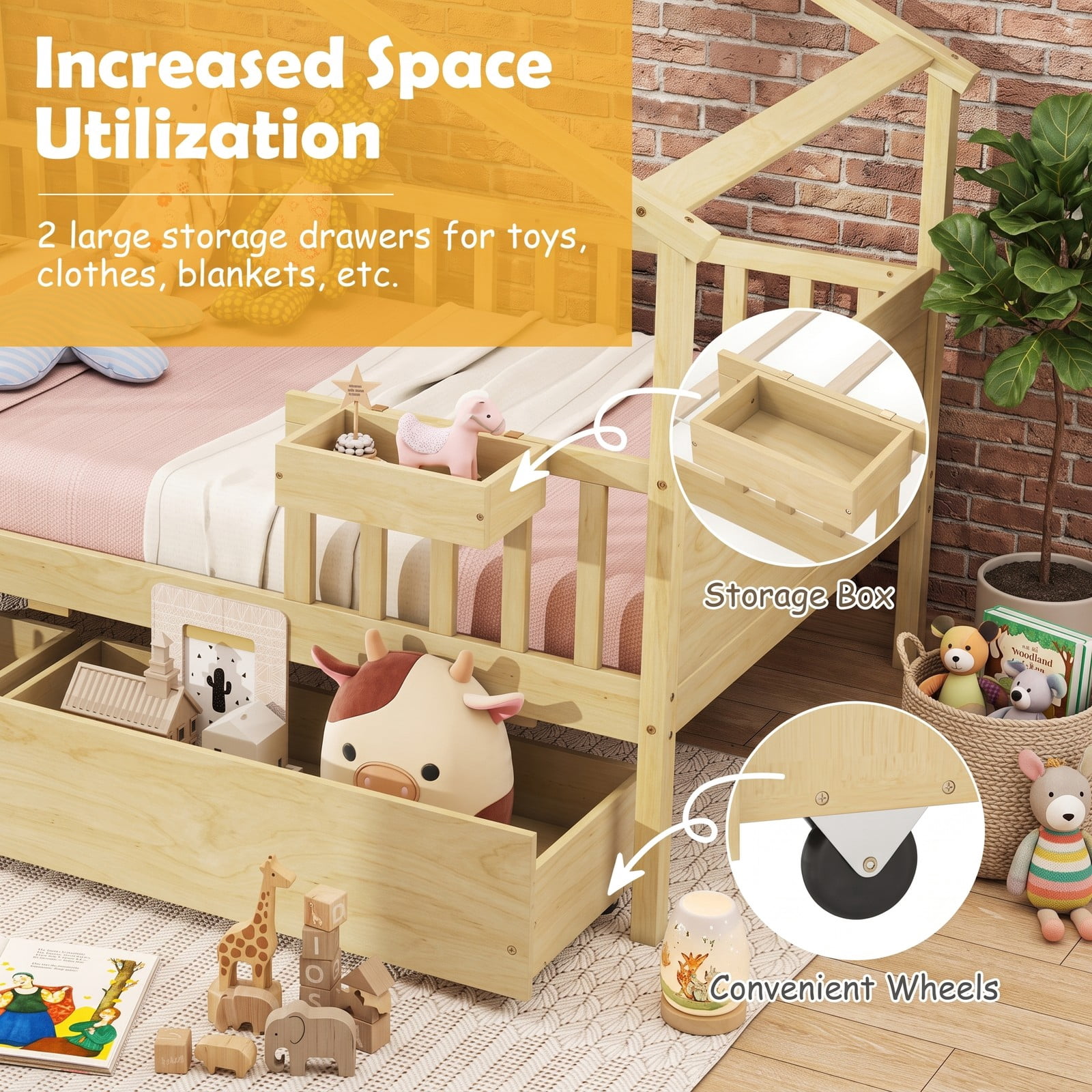 Furnibear Twin House Bed Frame with Storage Drawers, Montessori Floor Bed with Roof Frame and Fence Rails, Platform Bed Frame for Kids Room, Natural