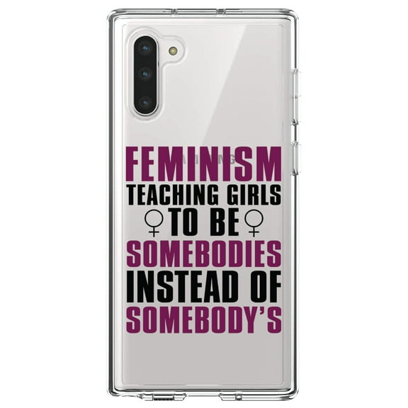 DistinctInk Clear Shockproof Hybrid Case for Samsung Galaxy Note 10 (6.3" Screen) - TPU Bumper Acrylic Back Tempered Glass Screen Protector - Feminism - Somebodies vs Somebody's