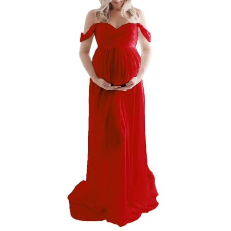 

Women s Maternity Dresses for Photography Off Shoulder Short Sleeve Mesh Sheer Chiffon Long Maxi Gown Split Pregnancy Photo Props