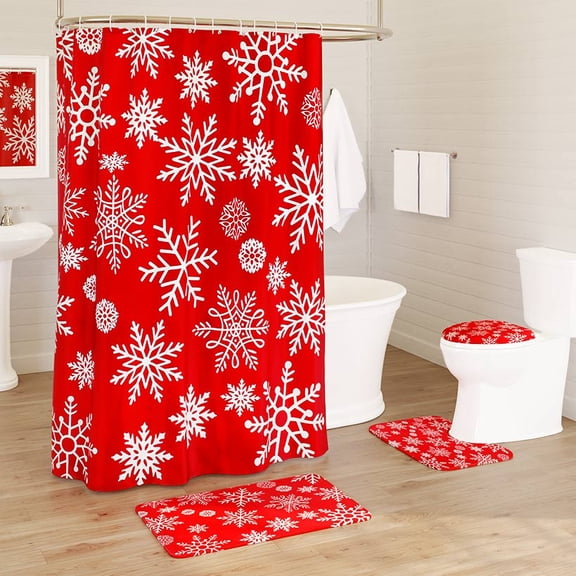 Memory Foam Bath Rugs & Shower Curtain Complete 16-Pc Set Red Snowflake