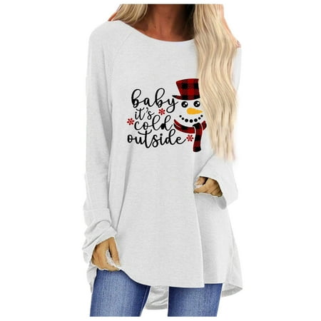 

jsaierl Women s Oversized Blouse Long Sleeve Merry Christmas Pattern Top Workout Crewneck Sweatshirt Dressy Casual Pullover for Women Fashion 2022