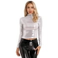 thumbnail image 6 of Raenseen Women's Metallic Long Sleeve Dance Tops Turtleneck Metallic Blouses Glitter Tank Tops Dance Silver S, 6 of 9