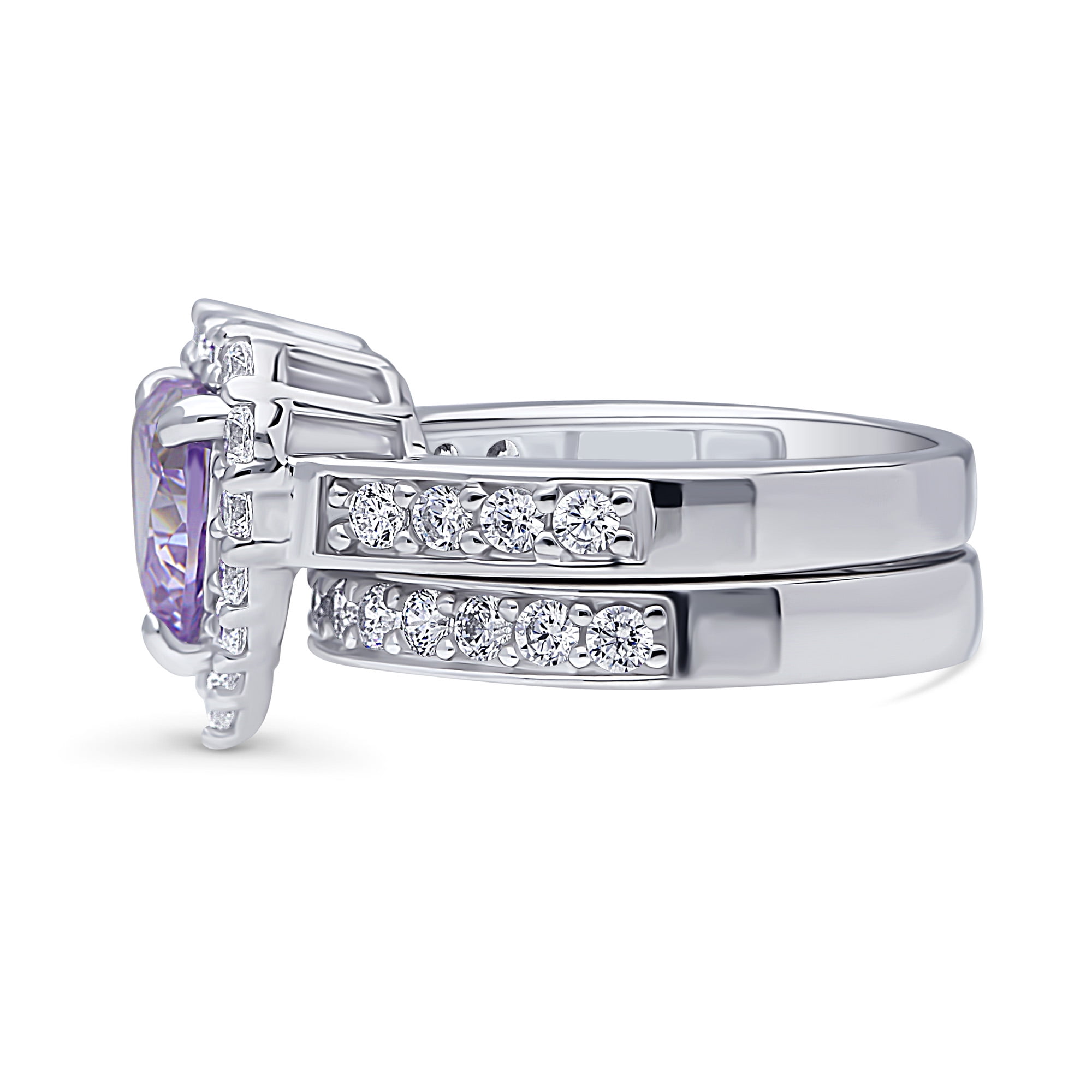 BERRICLE Sterling Silver Halo Wedding Engagement Rings Purple Heart Shaped Cubic Zirconia CZ Statement Heart Ring Set for Women, Rhodium Plated Size 7