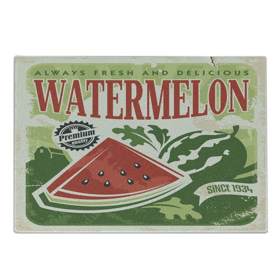 Vintage Cutting Board, Retro Old Fashioned Funny Watermelon Faded Colors Classic Graphic Art, Decorative Tempered Glass Cutting and Serving Board, Small Size, Green Red Ecru, by Ambesonne