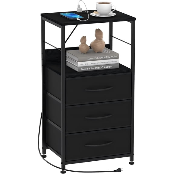 Nightstand with Charging Station, 3 Fabric Drawers and Open Shelf, Bedside Table with USB Ports & AC Outlets, Sturdy Steel Frame & Wooden Top, End Table for Bedroom Dorm Entryway, Black
