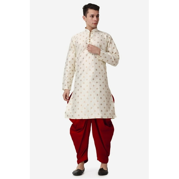 Royal Kurta Elegant Gold Jacquard Silk Printed Long Kurta and Maroon Salwar for Men