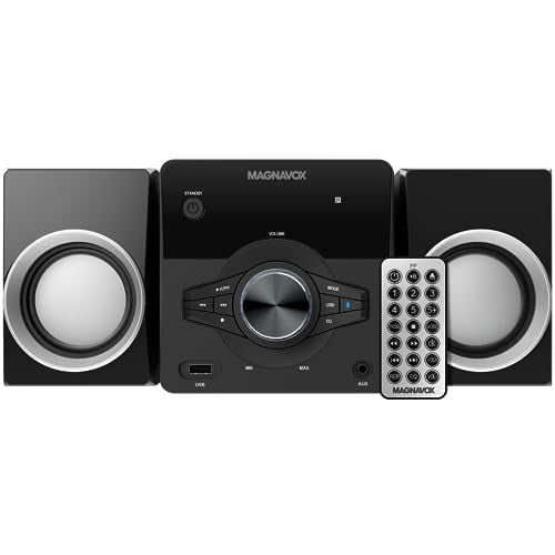 Magnavox MM442 Sistema de estante para CD de carga superior de 3 piezas con radio estéreo FM PLL digital, tecnología inalámbrica Bluetooth y control remoto en negro | Luces azules | Pantalla LED | Com