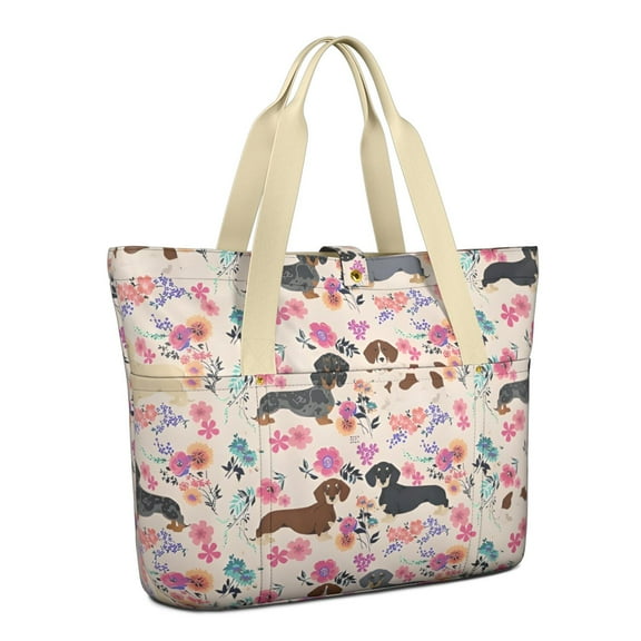 Tote Bag for Women - Dachshund and Flower Shoulder Bag - Large Utility Work Duffle Bag with Zipper Handbag for Travel, Work, Sprots